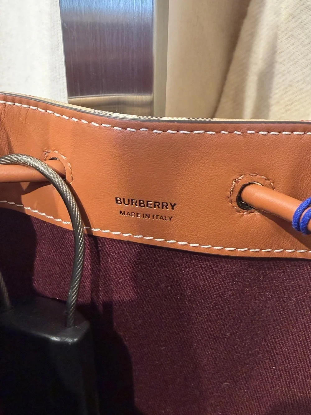 Burberry Beige Vintage Check Leather-Trim Drawstring Crossbody Bag
